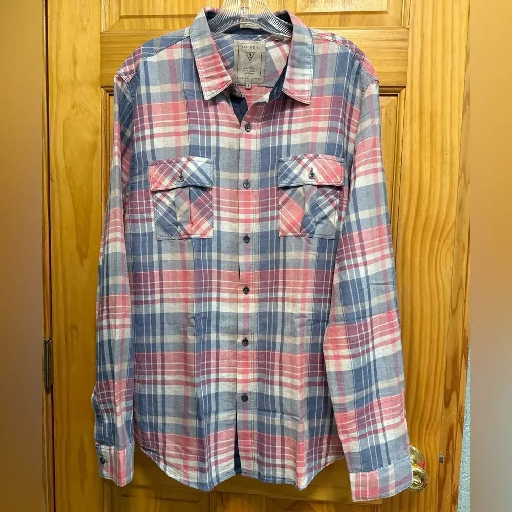 Guess size L slim fit Plaid Button-Up Shirt in Pink and Blue